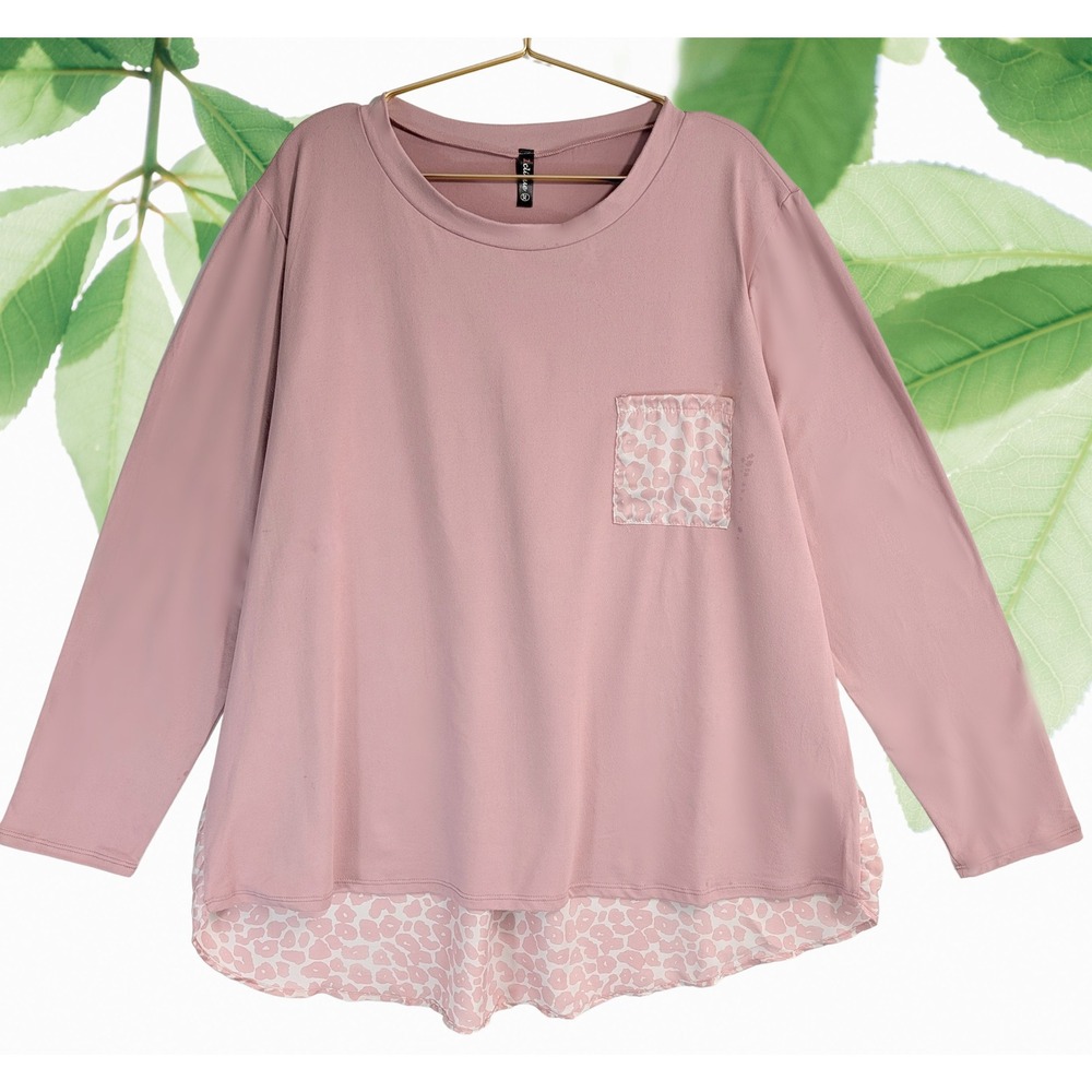 1 Clique Women's 2X‎ super soft Dusty Rose Leopard Mixed Media Long Sleeve Top
